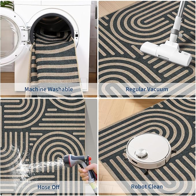 Garvee 8x10 Modern Abstract Washable Rugs for Living Room Bedroom Rug | Black Rainbow Area Rug Stain Resistant Easy Cleaning Throw Rugs Low Pile Floor Cover for Nursery Dining Room Apartment