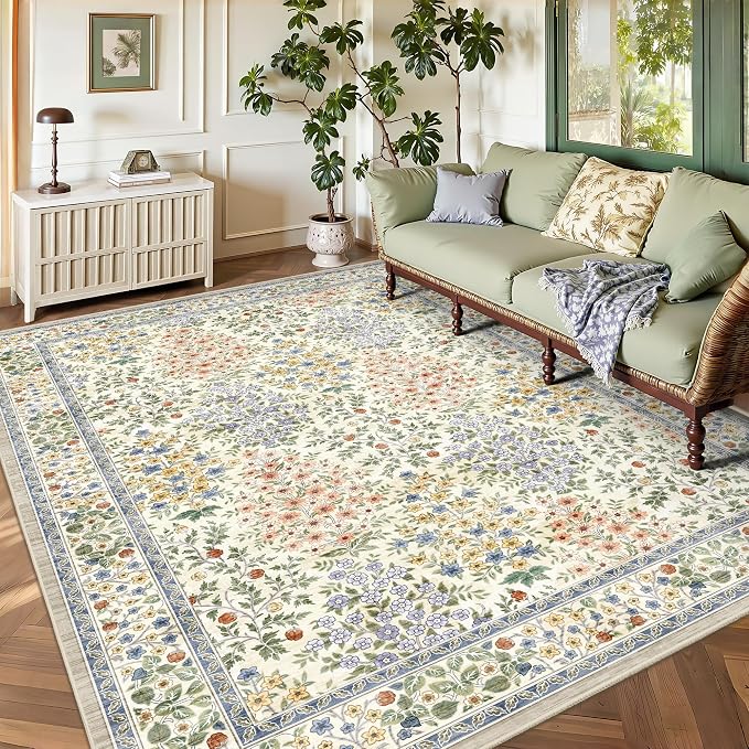 6x9 Area Rugs, Washable Floral Area Rugs for Living Room, Indoor Area Rug for Bedroom, Dining Room, Low Pile Non-Slip Non Shedding Rug(Beige Floral)