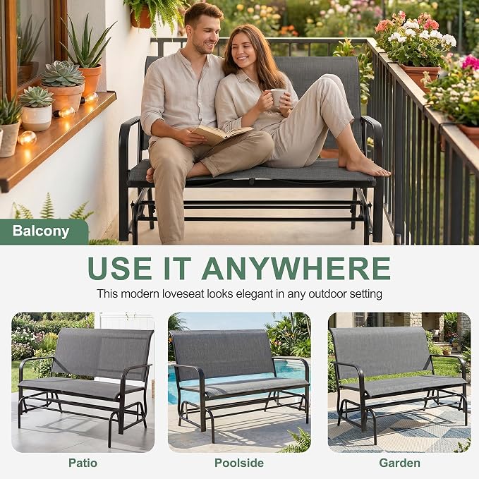 Shintenchi 2-Person Outdoor Glider Bench with Breathable Fabric, Steel Frame Patio Swing Chair, Ergonomic Design Metal Rocking Bench Loveseat for Patio, Backyard, Poolside, Gray