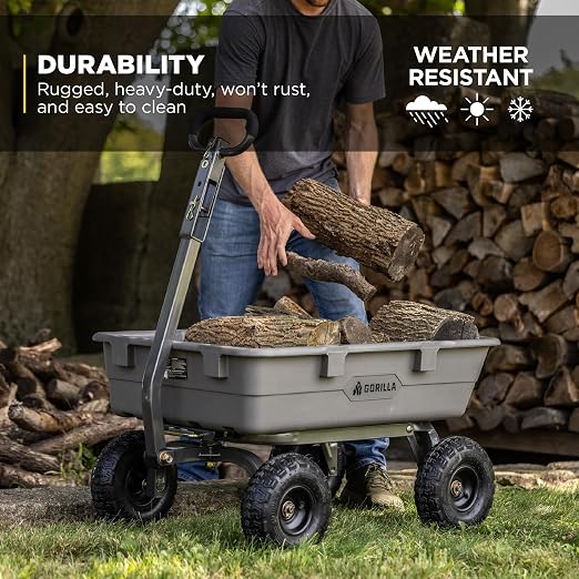 Gorilla Carts Heavy-Duty Poly Dump Cart, 5 Cu Ft Tub, 800 lb Haul Capacity, Gray – Towable Utility Wagon with Quick-Release Dumping & Pneumatic Tires for Yard, Landscaping and Gardening