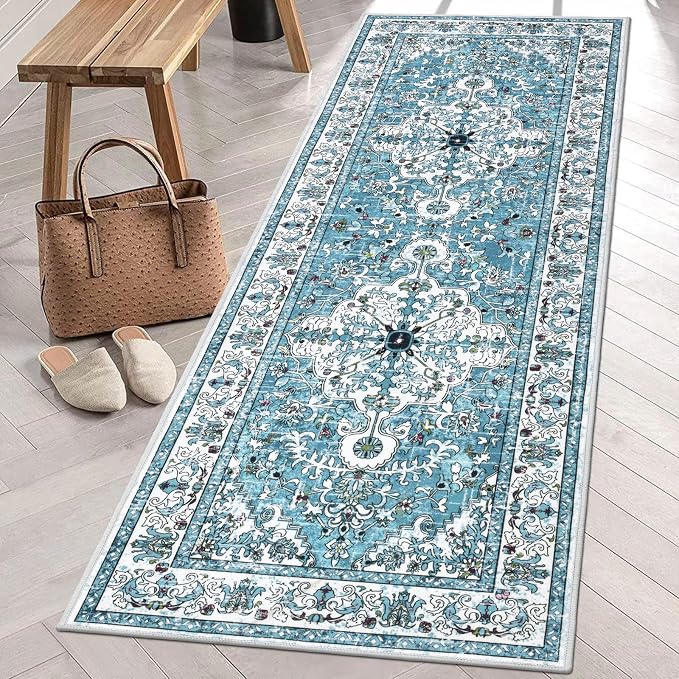 U'Artlines 2' x 6' Boho Hallway Runner Rug, Washable Carpet, Teal | Non Slip, Vintage Farmhouse Accent Area Rug Carpet, for Kitchen Entryway Laundry and Living Room
