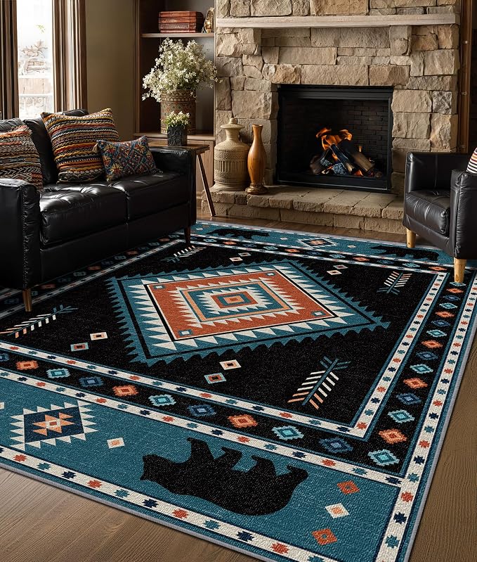 Native Amrican Rug 7x10 - Southwestern Bear Cabin Area Rugs for Living Room Bedroom, Rustic Tribal Machine Washable | Non-Slip | Soft Large Carpets, Southwest Room Decor (Teal Orange Black)