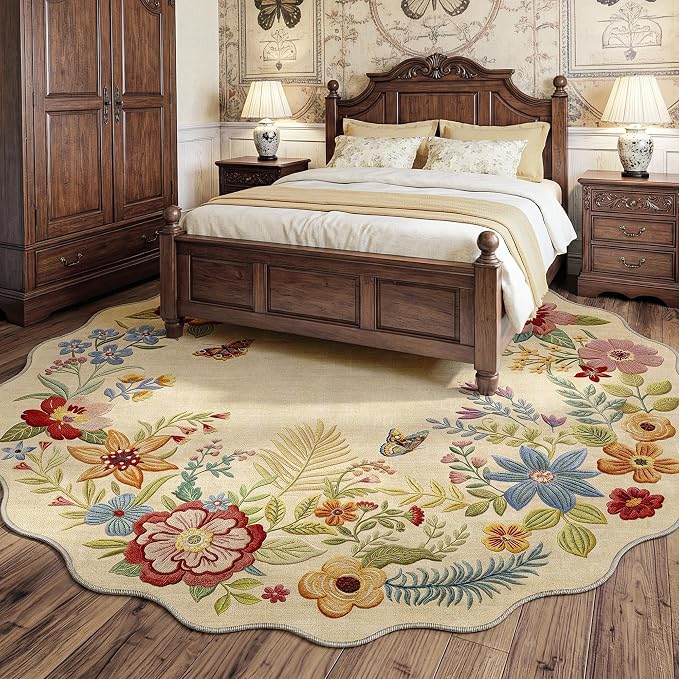 FMFUNCTEX 8ft Round Washable Beige Boho Scalloped Area Rug for Living Room | Floral Vintage Flower Colorful Traditional Soft Cream Large Non Slip Low Pile Circle Rug Neutral Dining Room Bedroom Nursery
