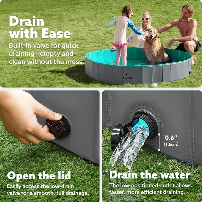 SLOOSH Foldable Dog Kiddie Pool - Portable Hard Plastic Doggie Swimming Pool, Anti-Slip Collapsible Pets Bath Tub Suitable for Kids Toddler Indoor Outdoor Backyard Use (Gray, 71" x 12")