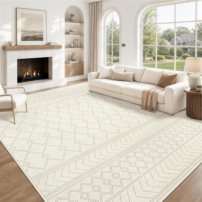9x12 Area Rug For Living Room, Washable Beige Rugs Non Slip Low Pile | Neutral Large Soft Rug，Modern Geometric Carpet For Bedroom Dining Room Home Office Decor rug