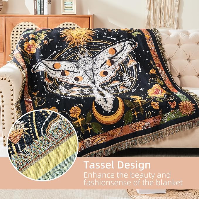 Boho Throw Blanket Reversible Cotton Bohemian Tapestry Hippie Room Decor Outdoor Blanket Double Sided (Black Butterfly 50"x60")