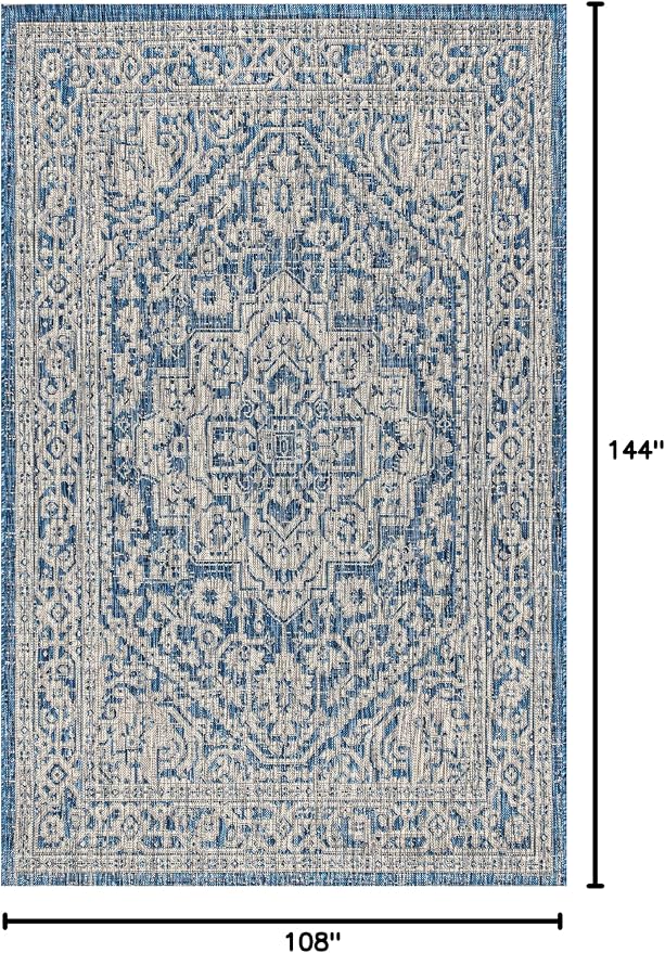 JONATHAN Y Medallion Weave Indoor Outdoor Area Rug 9X12 Navy/Gray, Sinjuri Textured for Backyard, Patio, Porch, Easy-Cleaning, High Traffic, Pet-Friendly, Non-Shedding (SMB101B-9)