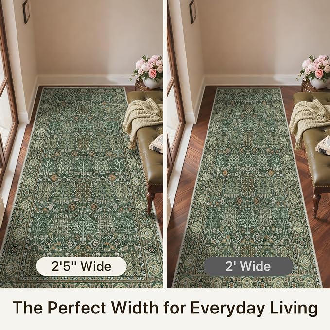 2.5x6 Kitchen Runner Rug, Washable Non Slip, Forest Green | Vintage Floral Design, Spill Resistant Lightweight Low Pile Carpet for Hallway, Bedroom, Laundry Room, Bathroom