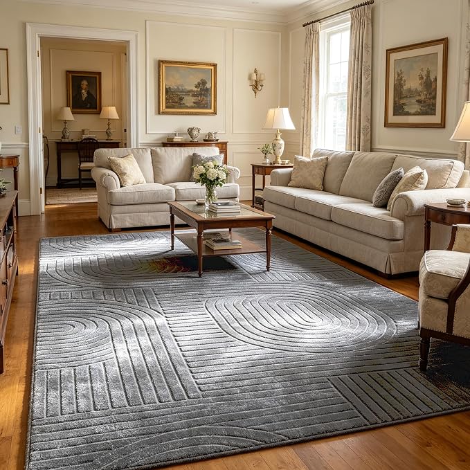 5x7 Solid Grey Area Rugs for Living Room, Washable Soft Bedroom Rug | Modern Geometric Boho High-Low Textured Fluffy Non-Slip Carpet for Bedside, Kids Room, Nursery, Entryway, Apartment, Office