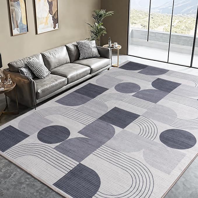 Soft Modern Geometric Abstract Large Machine Washable 10x14 Area Rug | Grey Rugs for Bedroom Living Room, Non-Shedding Faux Wool Indoor Throw Floor Carpet for Office Entryway Dining Room Decor