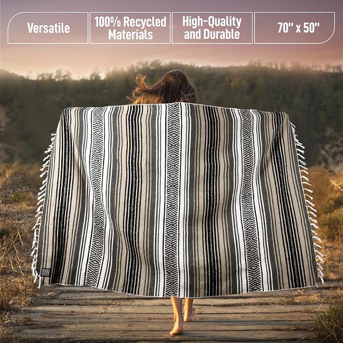 Hydration Nation Authentic Large Handwoven Mexican Blanket - Soft Yoga- Durable Serape- Lightweight Falsa, Beach, Camping, Picnic, Outdoor Blanket 70"x50" - Desert