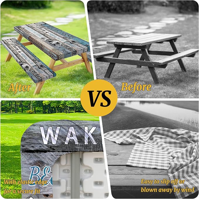 Picnic Table Cover with Bench Covers Elastic,Fitted Table Cloths for Rectangle Tables 6 Foot Washable,Waterproof Tablecloth for Outdoor Camping Essentials (Vintage Blue, 8 Foot)