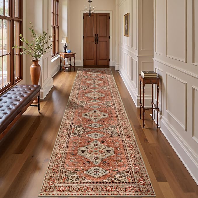 Tangsoo Boho Hallway Runner Rug 2.6x14 Washable Runner Rug Non Slip | Vintage Soft Low Pile 14ft Long Rug Runner, Oriental Terracotta Indoor Carpet Runner for Bedroom Living Room Home Decor