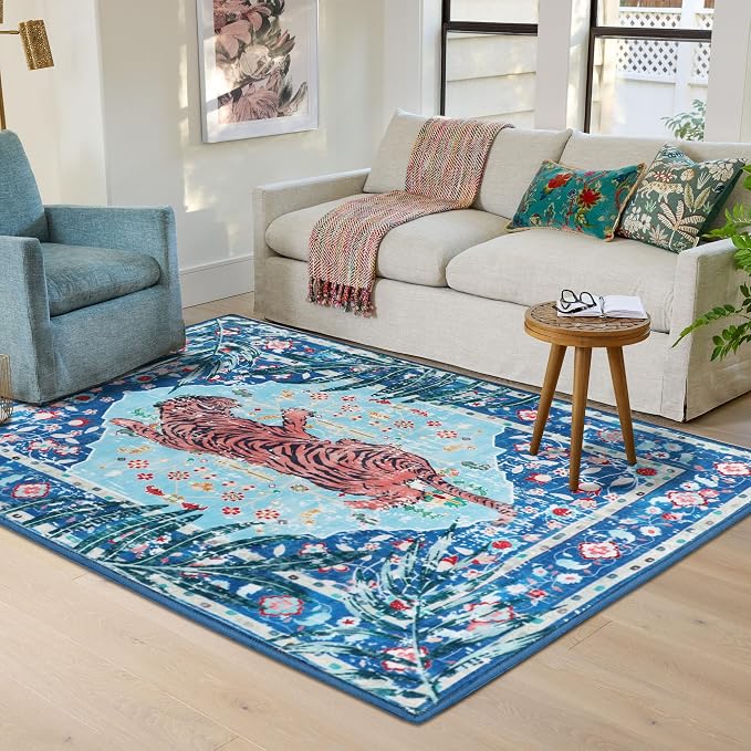 2x3 FT Leopard Rug for Living Room Vintage Animal Rug Aesthetic Rugs for Girls Room Nursery Bedroom Home Office Dorm Thin Bright Blue Carpet (Blue, 2X3 FT)
