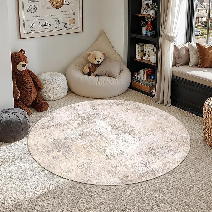 4ft Round Beige Modern Abstract Washable Rug for Living Room | Low Pile, Non Slip, Modern Abstract Style, Soft Round Rug for Living Room, Bedroom, Dining Room, Home Decor