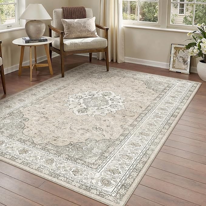 3x5 Washable Area Rug Beige Brown Non Slip Vintage Carpet | Low Pile, Stain Resistant, Living Room, Kitchen, Bedroom, Entryway, Nursery, Laundry Room, Hallway, Soft, Thin, Lightweight