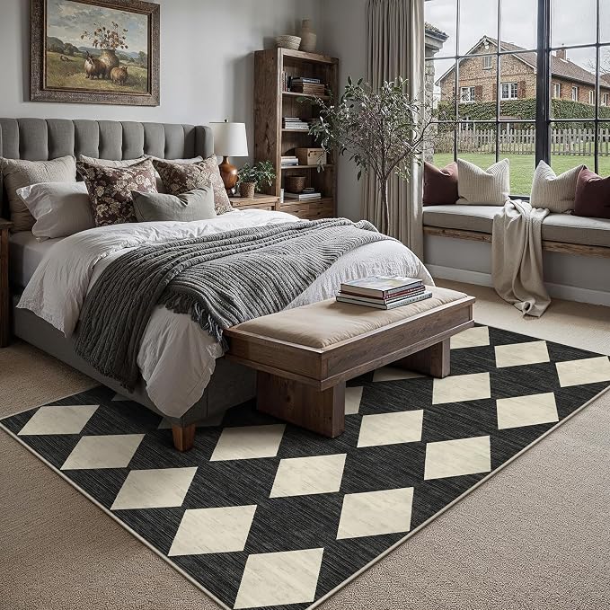 Black 10x12 Washable Area Rug Large Non Slip Checkered Carpet | Soft, Low Pile, Easy Clean, Diamond Pattern, for Living Room, Bedroom, Office, Dining Room, Kids Room, Modern Indoor Decor