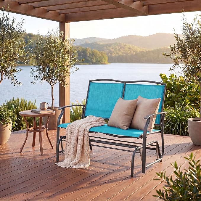 Tangkula 2-Person Patio Swing Glider Bench, Outdoor Rocker Glider Loveseat Chair W/Heavy-Duty Steel Frame, Breathable Seat Fabric, Rocking Lounge Chair for Poolside, Garden, Backyard (Turquoise)