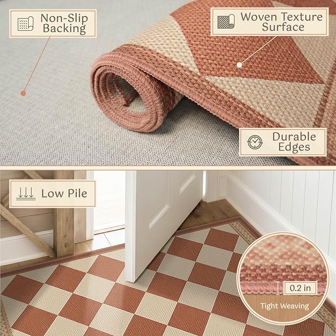 Terracotta Beige Diamond Checkered 3x5 Entryway Rug, Boho Easy Jute Indoor Outdoor Rug, Modern Farmhouse Washable Non Slip Porch Patio Rug for Kitchen, Balcony, Bedroom, Laundry Room, Mudroom