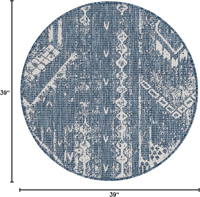 Unique Loom Outdoor Bohemian Collection Area Rug - Anthro (3' 3" Round, Blue/ Ivory)