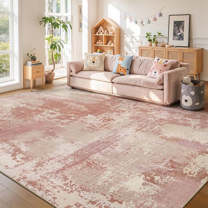 8x10 Rugs for Living Room - Modern Abstract Washable Rug, Ultra Soft Non Slip Low Pile Large Rugs, Floor Carpet for Bedroom Dining Room Office Laundry Nursery Home（Peach Powder）