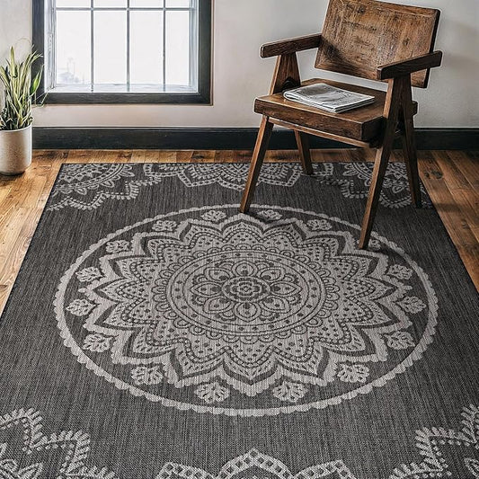 CAMILSON Outdoor Rug 5x7 Modern Area Rugs for Indoor and Outdoor Patios and Porches - Waterproof Washable Non-Shedding Easy-to-Clean Outside Carpet (5 x 7, Medallion - Dark Grey/Light Grey)