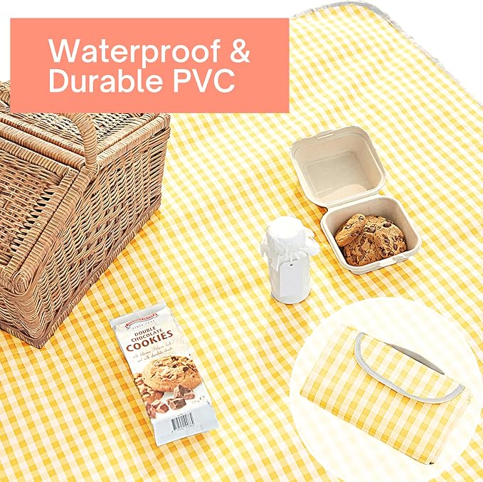 Cute Gingham Picnic Blanket, Waterproof Foldable, in Large 80x60in and Extra Large 80x80in, Portable Compact Beach Blanket, Oversized XL Outdoor Mat (Yellow, X-Large)