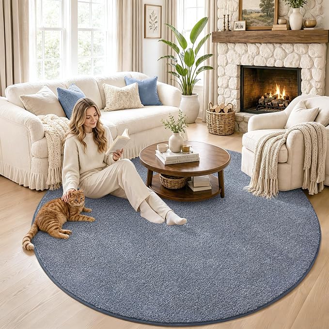Keeko Round Area Rug 4ft for Living Room Bedroom,Soft Washable Circle Rug | Modern Indoor Memory Foam Rugs Low Pile Non Slip Carpet for Kids Dorm Room Entryway Kitchen Home Decor Blue and White