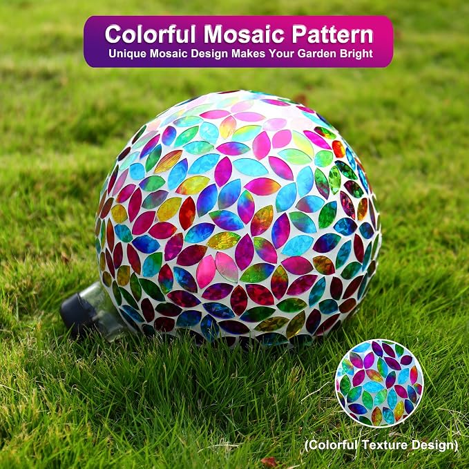 SAVENNA Mosaic Garden Gazing Ball 10 Inch, Glass Decorative Sphere for Indoor & Outdoor Garden, Patio, Home & Yard, Multicolor Petal Pattern