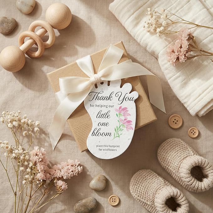 12pcs Pink Footprint-Shaped Gift Tags with Wildflower Seeds - Writable Gift Wrap Tags for Baby Showers, Mother's Day Present, Party Favors, DIY Crafts, & Earth Day Decorations