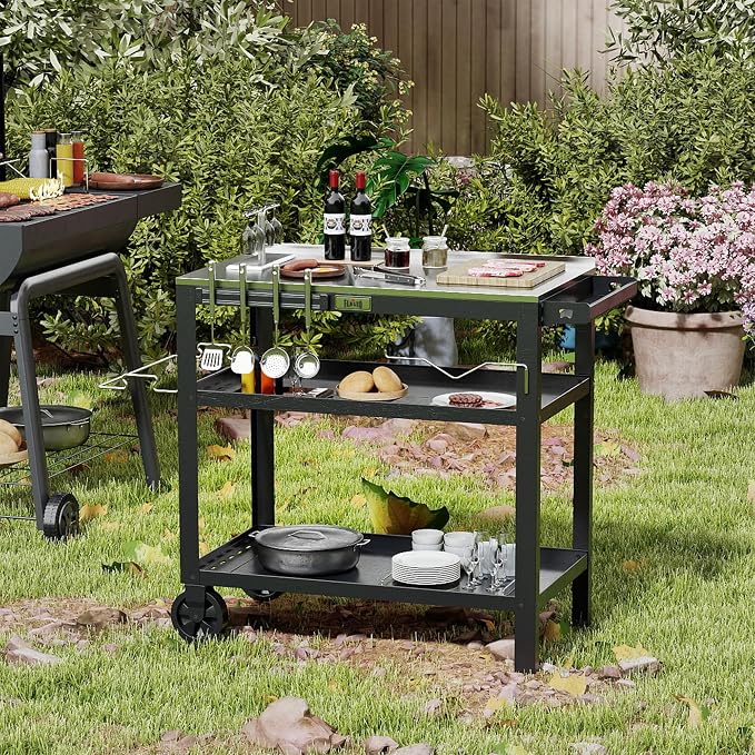 Feasto Outdoor Grill Table, Prep Table with Wheels, 31.5"x18" | Seasoning Rack & Magnetic Tools Holder, Backyard BBQ Kitchen Food Prep Table for Portable Griddle & Pizza Oven