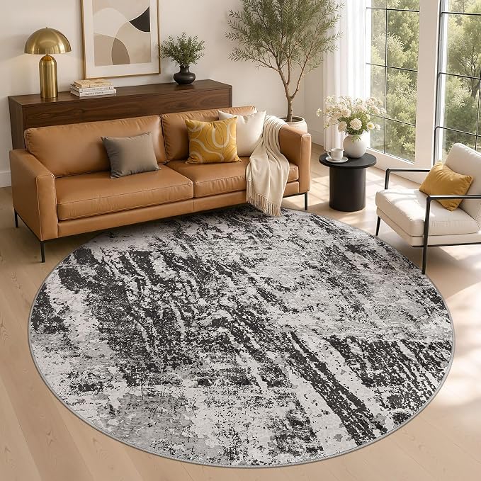 DMOYEST 6ft Round Area Rug for Living Room Washable Non Slip Circle Rug | 6x6 Neutral Modern Abstract Low Pile Rugs Kid & Pet Friendly Soft Carpet for Bedroom and Dining Room - Light Black