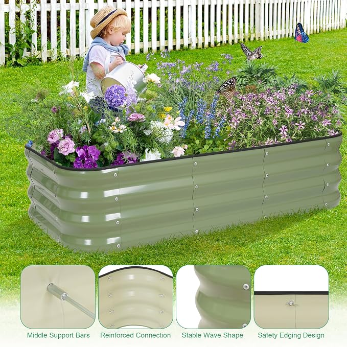 1MORE Raised Garden Bed -4X2X1 Galvanized Planter Box for Outdoor Gardening,3 in 1 Modular Raised Bed Kit with Protective Tape, Gloves for Herb，Ideal for Vegetables and Plants.Green-1Pack