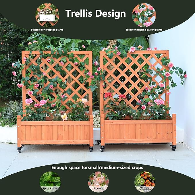 2 Pack Trellis Raised Garden Bed with Wheels, 38" Tall Wooden Planter Box with Trellis, Lattice Privacy Screen with Drainage Holes for Patio Balcony Garden