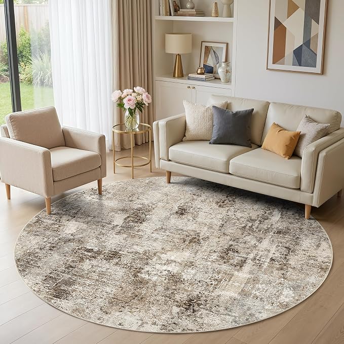 6Ft Round Area Rug Washable Abstract Rugs for Living Room Dark Brown | for Bedroom, Dining Room, Office, Nursery, Soft Neutral, Low Pile Non-Slip, Kid Pet Friendly, Large Indoor Carpet, Home Decor