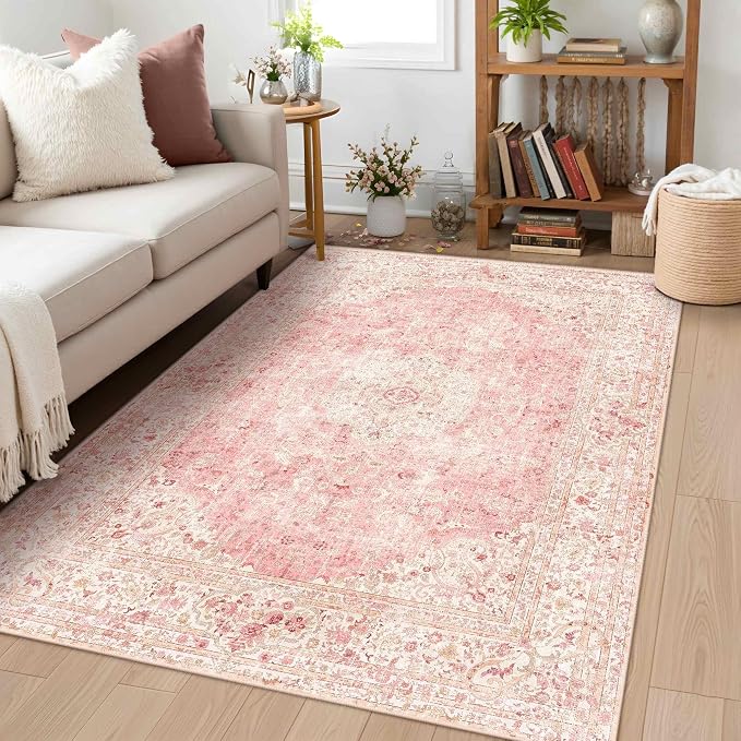 Latte&Fog 3x5 Entryway Pink Area Rugs, Vintage Floral Washable Rugs | for Girls Bedroom Dining Kitchen Kids Playroom Nursery Classroom Dorm Farmhouse Office, Non Slip Low Pile Soft Floral Carpet