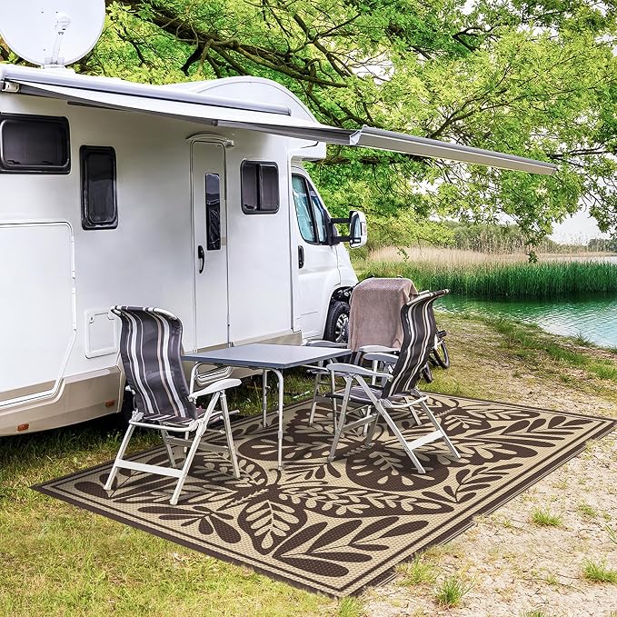 GENIMO Outdoor Rug 6' x 9' Waterproof for Patio Clearance, Reversible Plastic Straw Camping Mat, Lightweight Carpet for Rv, Camper, Deck, Porch, Picnic, Balcony, Beach,Khaki Coffee & Beige