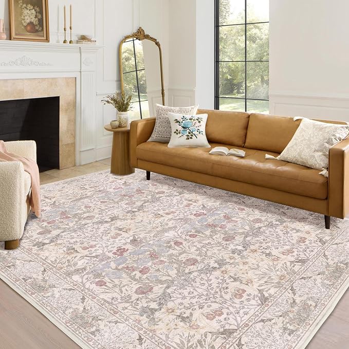 5x7 Washable Rug Vintage Floral Beige Area Rug Non Slip Low Pile Large Rugs for Living Room, Bedroom, Farmhouse, Dining Room, Kids Playroom