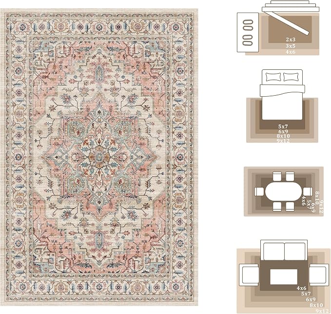 8x10 Area Rug for Living Room Large Washable Vintage Area Rug | Non-Slip, Retro Print, Low Pile, Stain Resistant Carpet, Ultral Soft, Beige Pink Indoor Rug, for Bedroom Dining Room Nursery