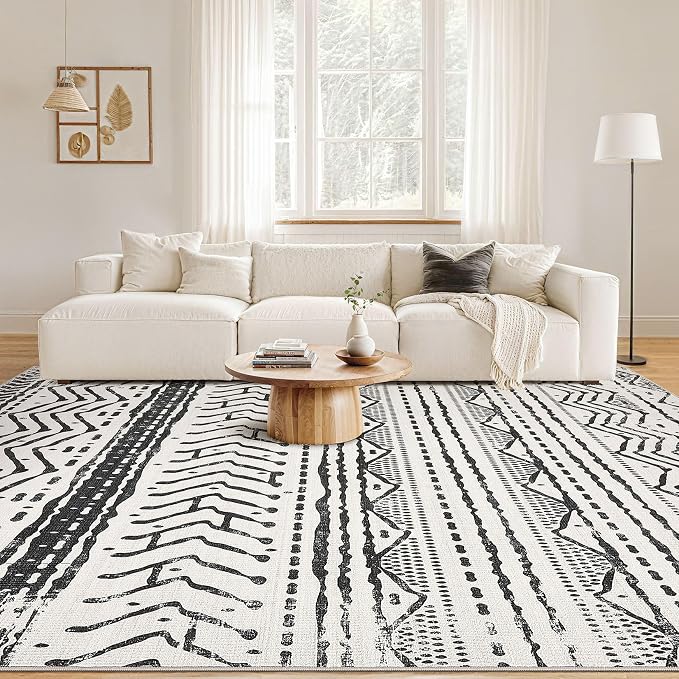 Nakagishi Black Rug Living Room Rugs: 10x14 Machine Washable Boho Large Neutral Modern Soft Moroccan Stain Resistant Indoor Floor Non Slip Accent Carpet for Bedroom Nursery Kids Playroom Office