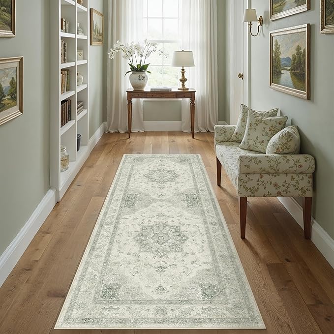 Green 2x6 Washable Runner Rug Kitchen Vintage Oriental Carpet | Soft Low Pile, Non Slip, Stain Resistant, Floral Medallion, Neutral Retro Decor for Entryway, Bathroom, Hallway, Bedroom