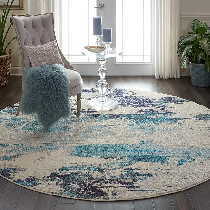 Nourison Home Celestial Ivory Teal Blue 7’10” x Round Area Rug - Easy Clean, Non Shedding, Bed Room, Living Room, Dining Room, Kitchen (8' x Round)