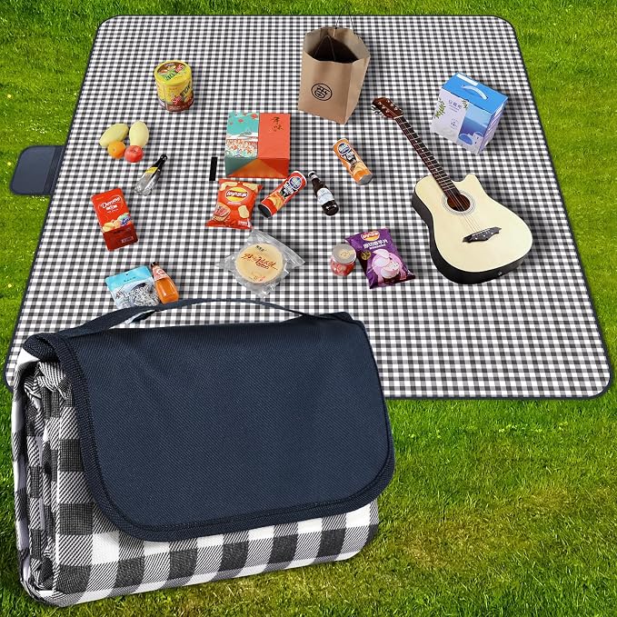Picnic Blanket Waterproof Beach Blanket 80''x80'' Picnic Mat Washable Lightweight with Handle Navy Blue Checkered for Hiking Travelling Outdoor Camping,Parks