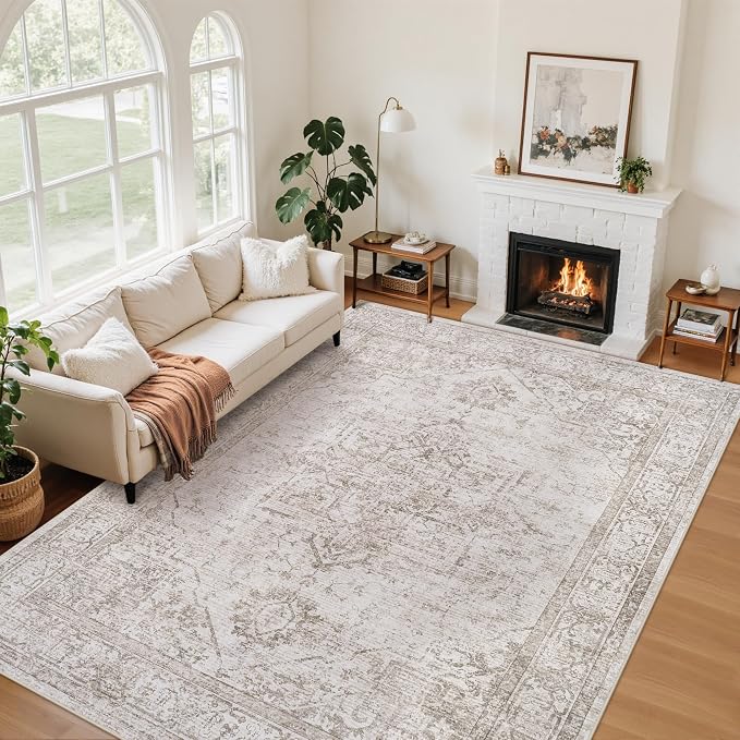 5x7 Washable Area Rugs for Bedroom Beige Brown Non-Slip Rug | Vintage Medallion Rug，Soft Low Pile Large Rugs，Indoor Retro Carpet for Bedroom Nursery Dining Table Farmhouse Home Office