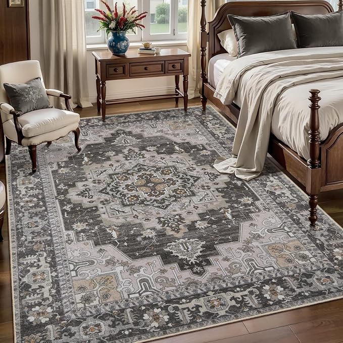 Tangsoo Vintage 4x6 Washable Area Rug for Living Room, Non Slip Rug Grey | Farmhouse Machine Washable Large Rug Carpet, Boho Soft Low Pile Foldable Indoor 4x6 Rug for Dining Room Bedroom Home Decor