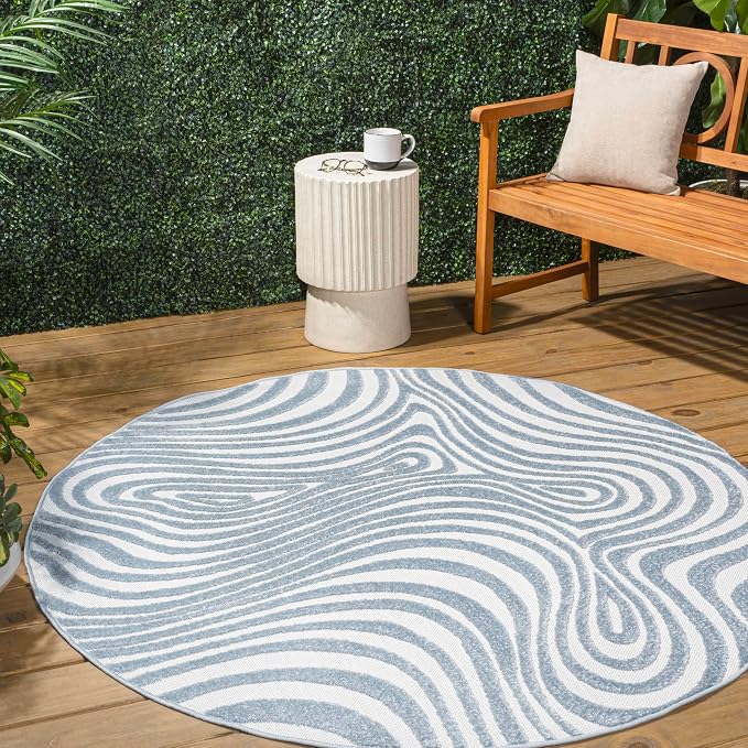JONATHAN Y Maribo High-Low Abstract Striped Light Blue/Ivory 5' Round Indoor/Outdoor Area Rug, Pet Friendly, Non-Shedding, Stain Resistant, Easy-Cleaning for Backyard, Patio, Porch (SCN103C-5R)