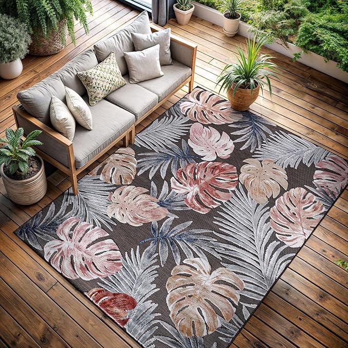 CAMILSON Indoor Outdoor Rug, Brown 7’10”x10’ Leaf Tropical Botanical Area Rugs for Indoor and Outdoor patios, Easy-Cleaning Non-Shedding Living Room, Garden and Kitchen Washable Outside Carpet (8x10)