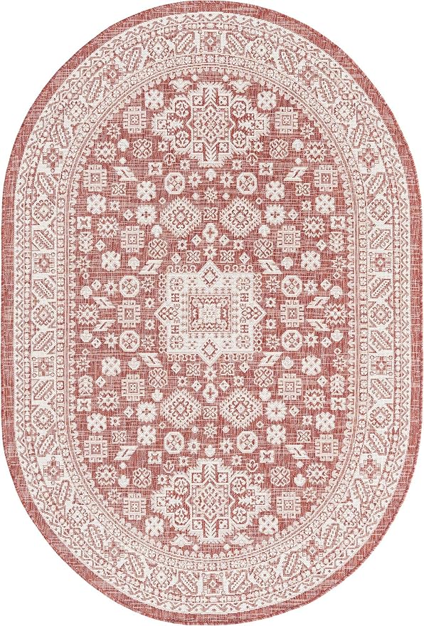 Unique Loom Outdoor Aztec Collection Area Rug - Chalca (5' 3" x 8' Oval, Rust Red/ Ivory)