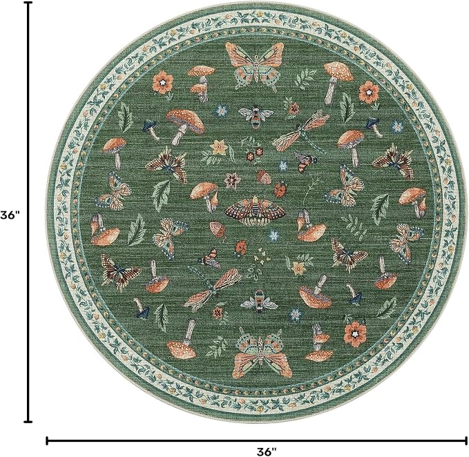 Mushroom Insect 3ft Round Rug Washable Non-Slip Soft Ultra-Thin Small Boho Circle Carpet for Entryway Kitchen Bedroom Nursery Dining Room Green