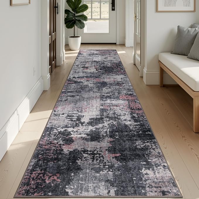 Sasttie 2x12 Runner Rug, Modern Abstract Hallway Carpet, Black & Pink | Machine Washable, Ultra-Soft Faux Wool, Low Pile, Non-Slip, Thin, for Entrance, Entryway, Kitchen & Laundry Room